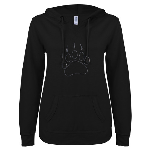  ENZA Womens Black V Notch Raw Edge Fleece Hoodie - F Graphite Soft Glitter