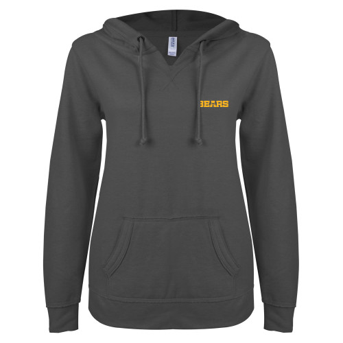  ENZA Womens Dark Heather V Notch Raw Edge Fleece Hoodie - Bears Logo