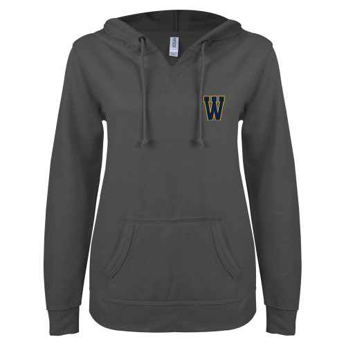  ENZA Womens Dark Heather V Notch Raw Edge Fleece Hoodie - W Logo