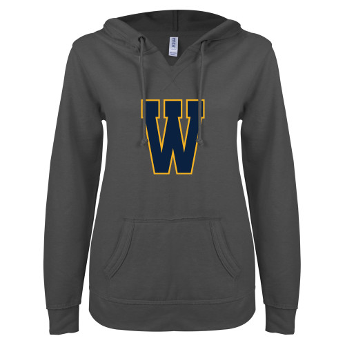  ENZA Womens Dark Heather V Notch Raw Edge Fleece Hoodie - W Logo