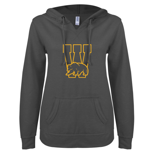  ENZA Womens Dark Heather V Notch Raw Edge Fleece Hoodie - W Logo with Bear