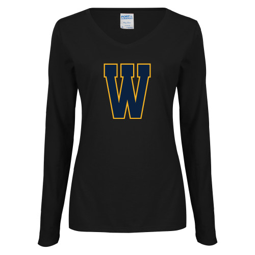  Womens Black Long Sleeve V Neck Tee  - W Logo