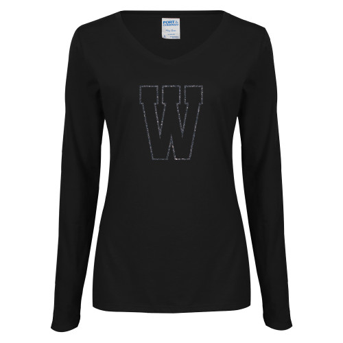  Womens Black Long Sleeve V Neck Tee  - F Graphite Soft Glitter