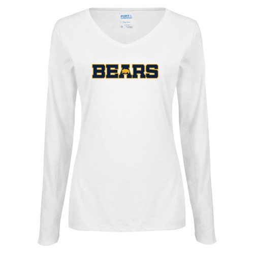  Womens White Long Sleeve V Neck Tee - Bears Logo