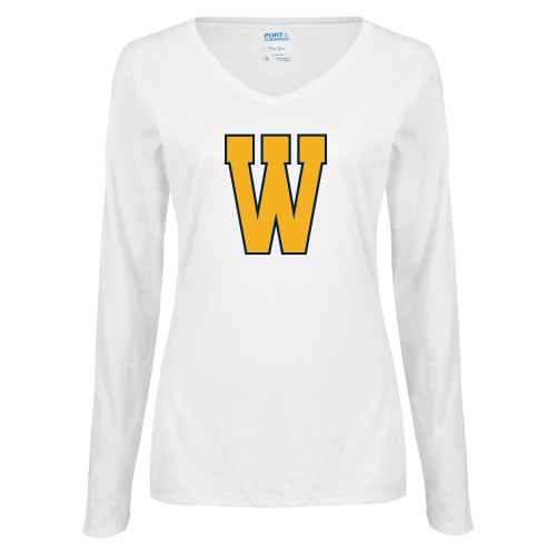  Womens White Long Sleeve V Neck Tee - W Logo