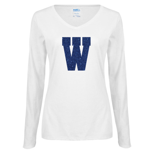  Womens White Long Sleeve V Neck Tee - H Dark Blue Glitter