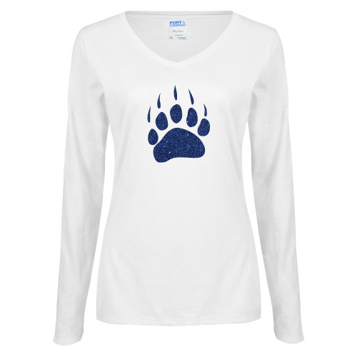  Womens White Long Sleeve V Neck Tee - H Dark Blue Glitter