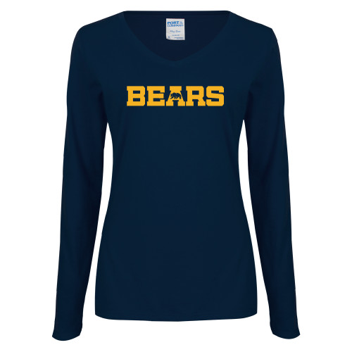  Womens Navy Long Sleeve V Neck Tee - Bears Logo