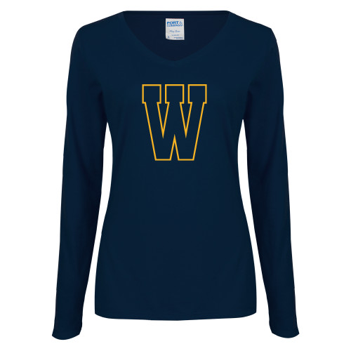  Womens Navy Long Sleeve V Neck Tee - W Logo