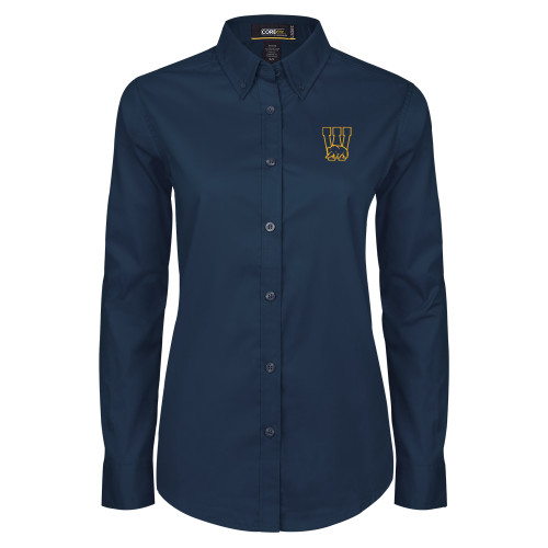  Womens Navy Twill Button Down Long Sleeve  - W Logo with Bear