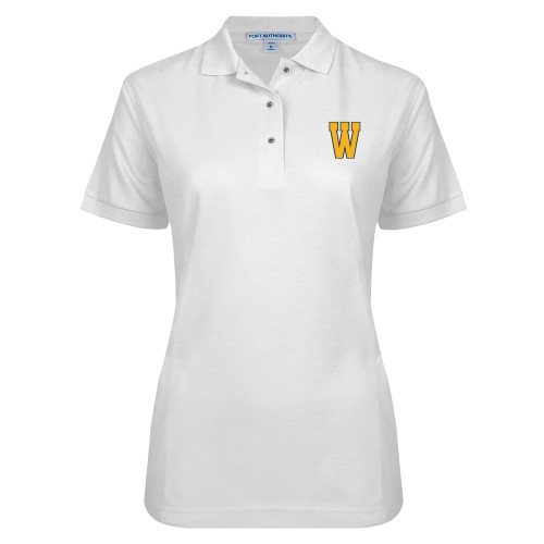  Womens Silk Touch White Pique Polo - W Logo