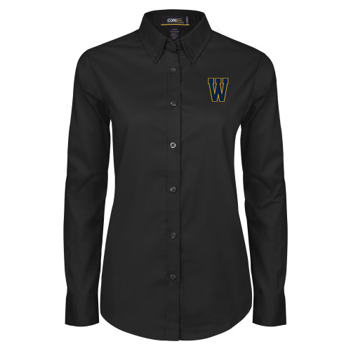  Womens Black Twill Button Down Long Sleeve  - W Logo