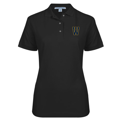 Womens Silk Touch Black Pique Polo - W Logo