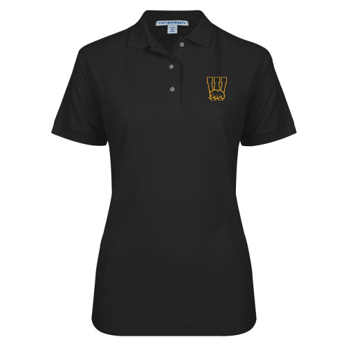  Womens Silk Touch Black Pique Polo - W Logo with Bear