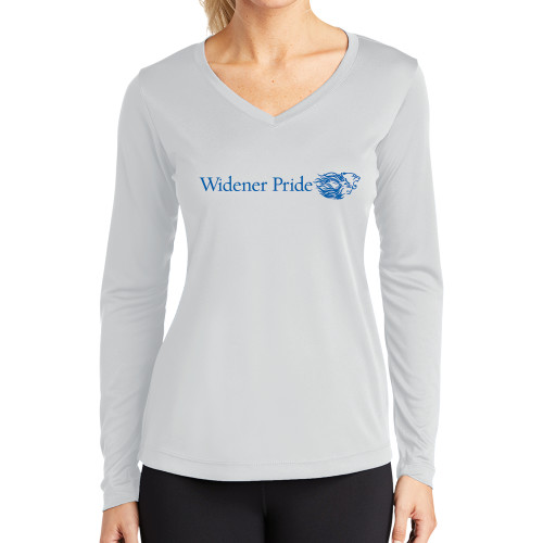  Womens White Performance Long Sleeve V Neck Shirt - Widener Pride Flat