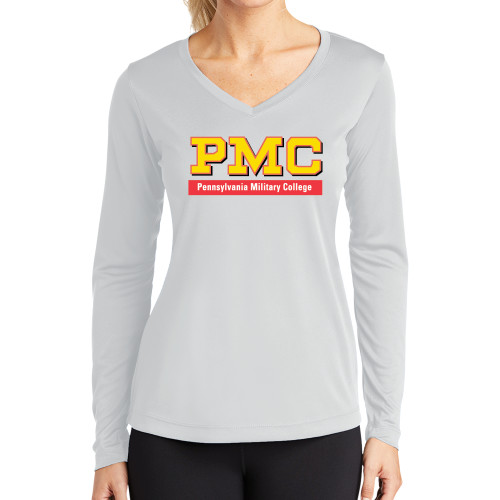  Womens White Performance Long Sleeve V Neck Shirt - PMC