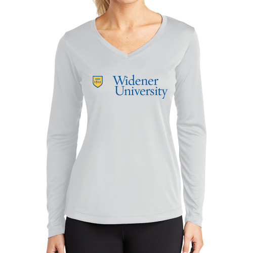  Womens White Performance Long Sleeve V Neck Shirt - Primary Mark with Shield
