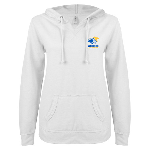  ENZA Womens White V Notch Raw Edge Fleece Hoodie - Widener Athletics