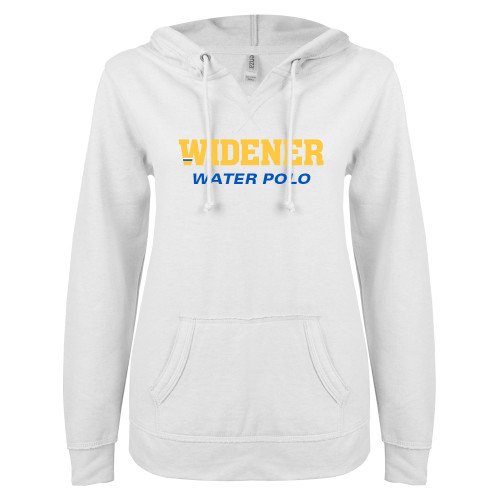  ENZA Womens White V Notch Raw Edge Fleece Hoodie - Water Polo