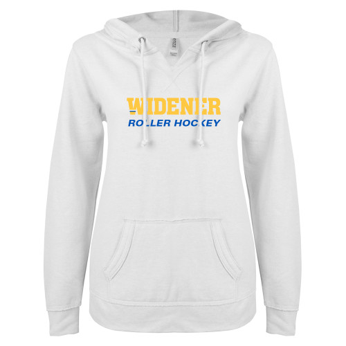  ENZA Womens White V Notch Raw Edge Fleece Hoodie - Roller Hockey