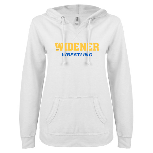  ENZA Womens White V Notch Raw Edge Fleece Hoodie - Wrestling