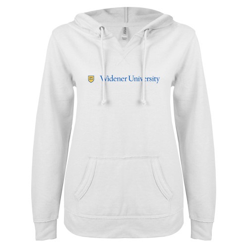  ENZA Womens White V Notch Raw Edge Fleece Hoodie - Primary Mark with Shield Flat
