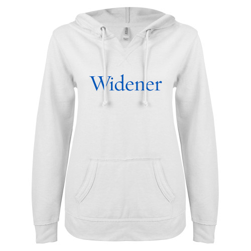  ENZA Womens White V Notch Raw Edge Fleece Hoodie - Widener