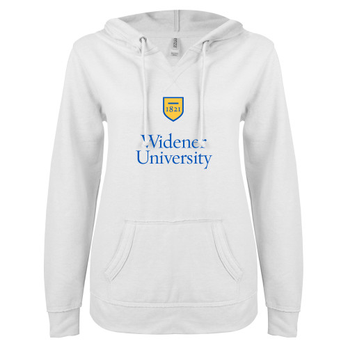  ENZA Womens White V Notch Raw Edge Fleece Hoodie - Stacked University Mark