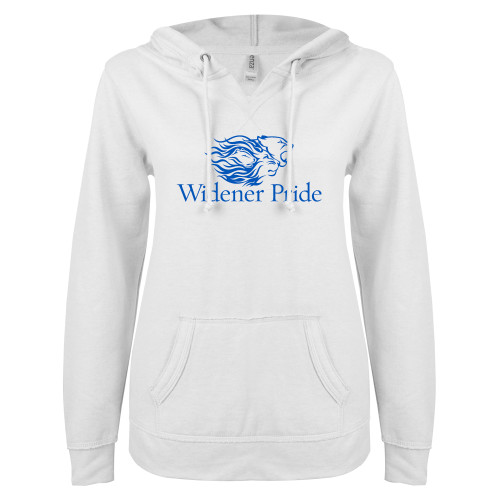  ENZA Womens White V Notch Raw Edge Fleece Hoodie - Widener Pride