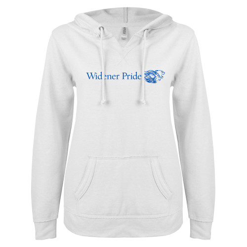  ENZA Womens White V Notch Raw Edge Fleece Hoodie - Widener Pride Flat