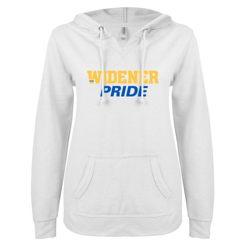  ENZA Womens White V Notch Raw Edge Fleece Hoodie - Widener Pride