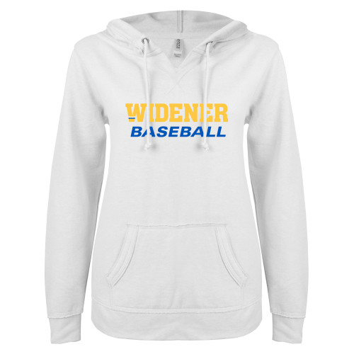  ENZA Womens White V Notch Raw Edge Fleece Hoodie - Baseball
