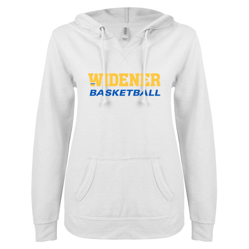  ENZA Womens White V Notch Raw Edge Fleece Hoodie - Basketball