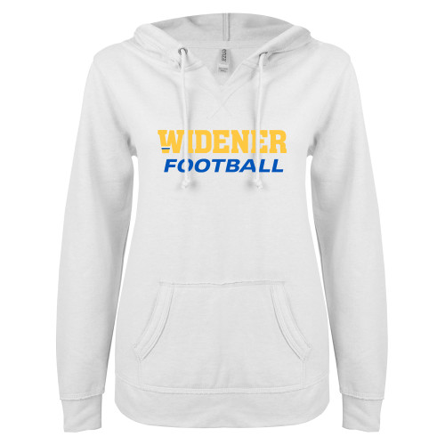  ENZA Womens White V Notch Raw Edge Fleece Hoodie - Football