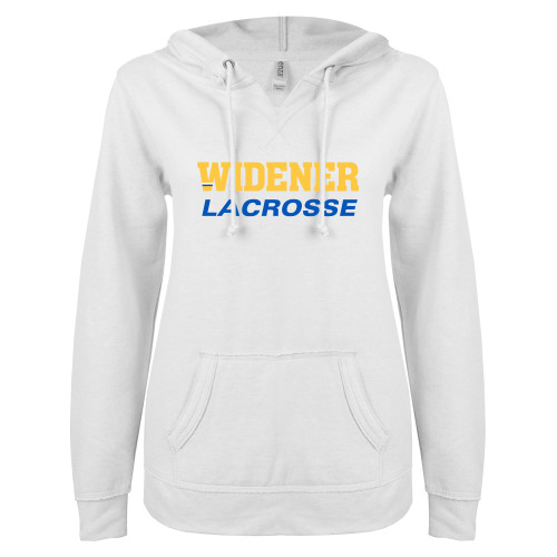  ENZA Womens White V Notch Raw Edge Fleece Hoodie - Lacrosse