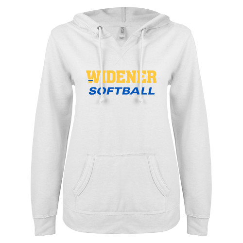  ENZA Womens White V Notch Raw Edge Fleece Hoodie - Softball