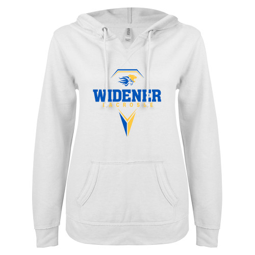  ENZA Womens White V Notch Raw Edge Fleece Hoodie - Lacrosse Design