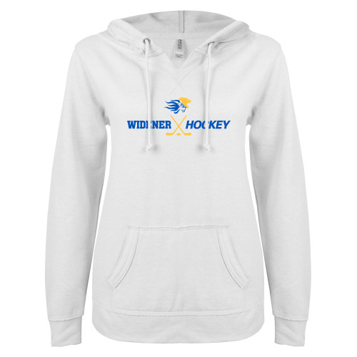  ENZA Womens White V Notch Raw Edge Fleece Hoodie - Hockey Design