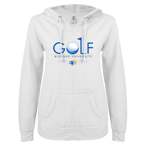 ENZA Womens White V Notch Raw Edge Fleece Hoodie - Golf Design