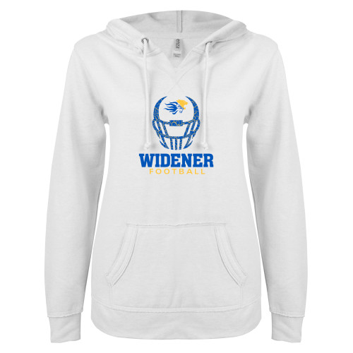  ENZA Womens White V Notch Raw Edge Fleece Hoodie - Football Helmet Design