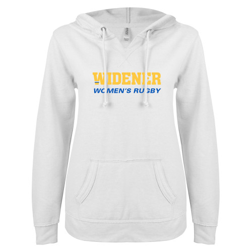  ENZA Womens White V Notch Raw Edge Fleece Hoodie - Womens Rugby
