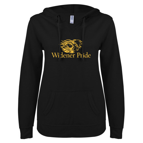  ENZA Womens Black V Notch Raw Edge Fleece Hoodie - Widener Pride