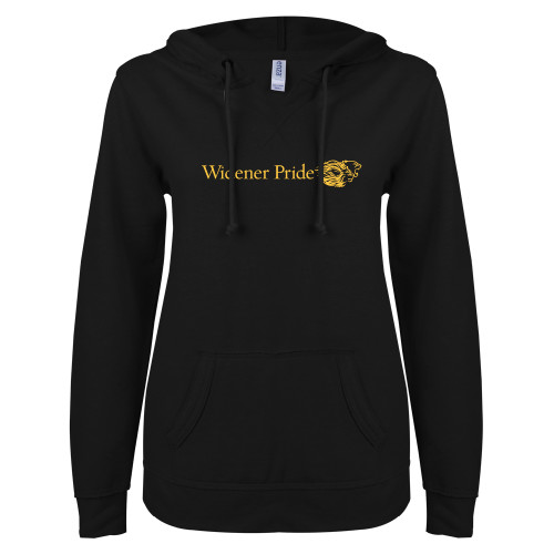 ENZA Womens Black V Notch Raw Edge Fleece Hoodie - Widener Pride Flat