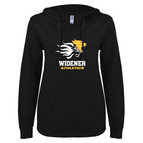  ENZA Womens Black V Notch Raw Edge Fleece Hoodie - Widener Athletics