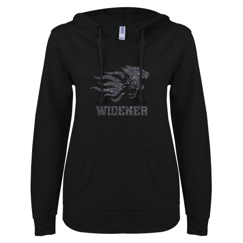  ENZA Womens Black V Notch Raw Edge Fleece Hoodie - Primary Mascot Graphite Soft Glitter