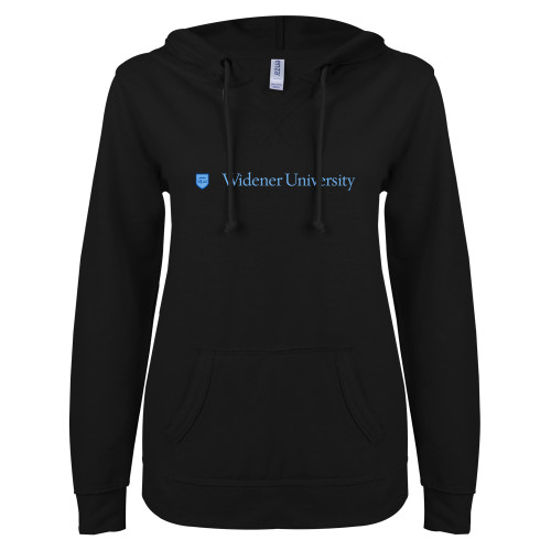  ENZA Womens Black V Notch Raw Edge Fleece Hoodie - Primary Mark with Shield Flat