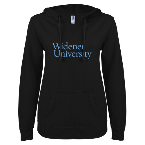  ENZA Womens Black V Notch Raw Edge Fleece Hoodie - Primary Mark