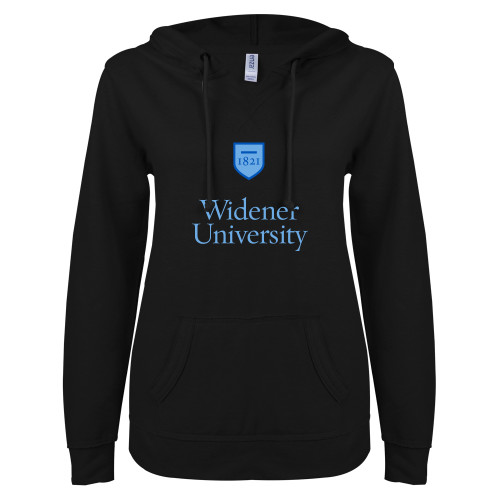  ENZA Womens Black V Notch Raw Edge Fleece Hoodie - Stacked University Mark
