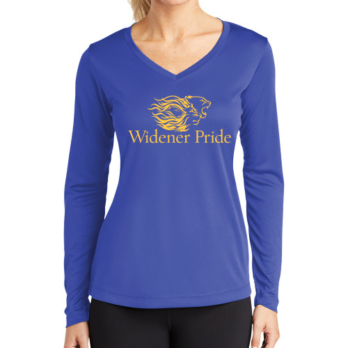  Womens Royal Performance Long Sleeve V Neck Shirt - Widener Pride