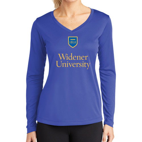  Womens Royal Performance Long Sleeve V Neck Shirt - Stacked University Mark